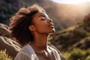 a woman stands outside near the mountains with her eyes closed and facing the sun thinking about the benefits of sober living