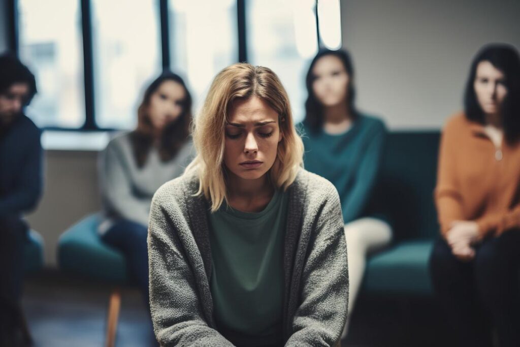 a woman sits in a chair while other group members in her intensive outpatient program in massachusetts sit behind her