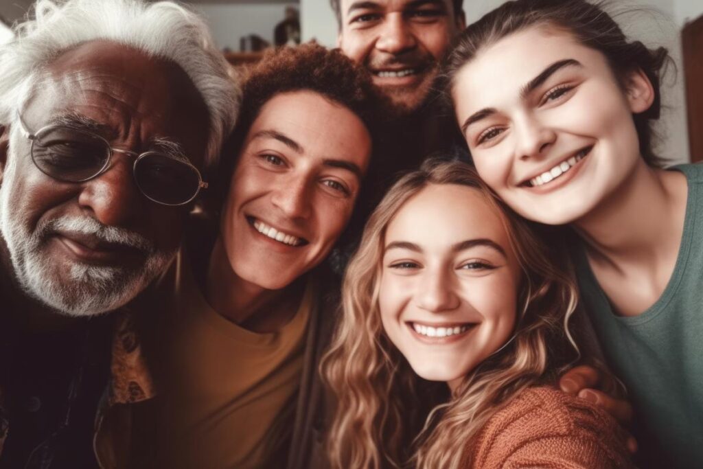 a family smiles for a photo while experiencing a sober holiday
